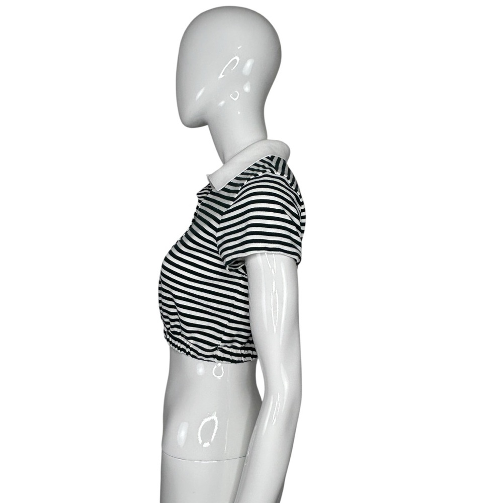 Aerie Offline Top Women's Cropped Polo S Green White Academia Striped Bubble Hem - Picture 6 of 16